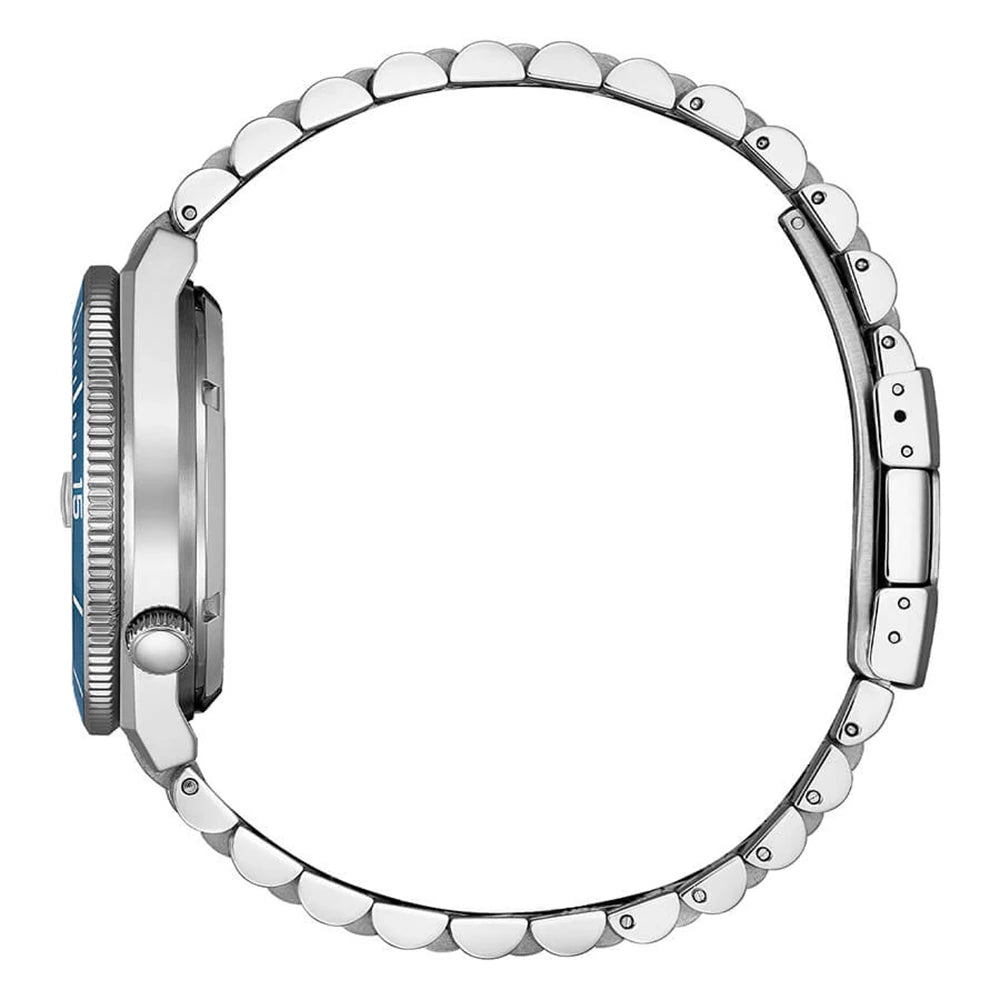 Close-up of a watch with a silver bezel and blue accents on a white background