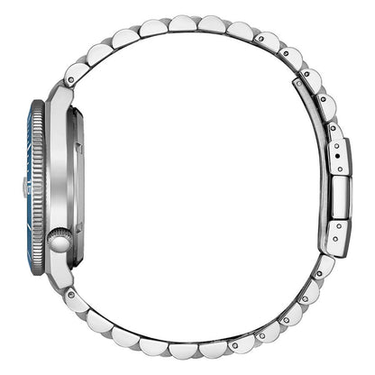 Close-up of a watch with a silver bezel and blue accents on a white background