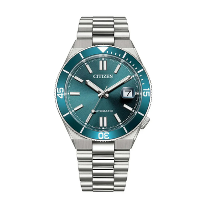 Citizen watch with blue dial and silver bracelet on a white background