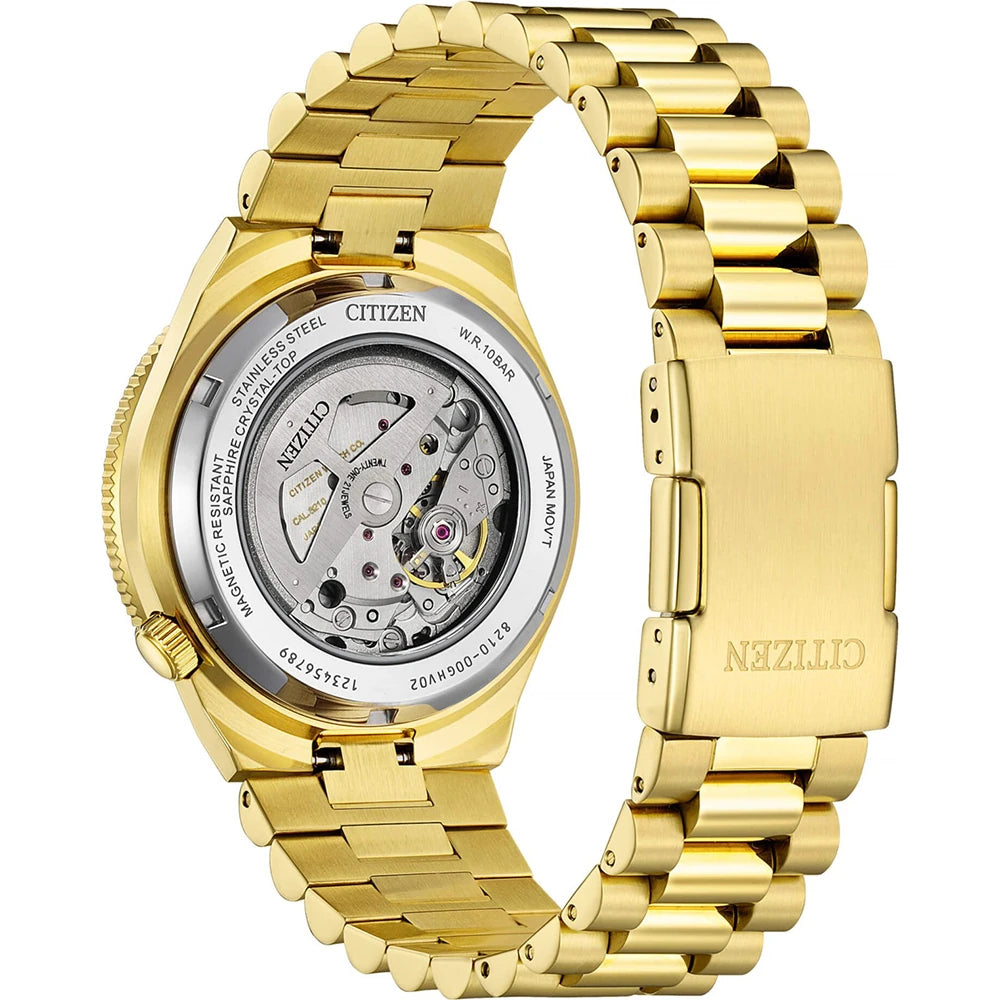 Gold Citizen watch with mechanical components on a white background