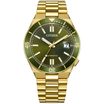 Gold watch with green face on a white background