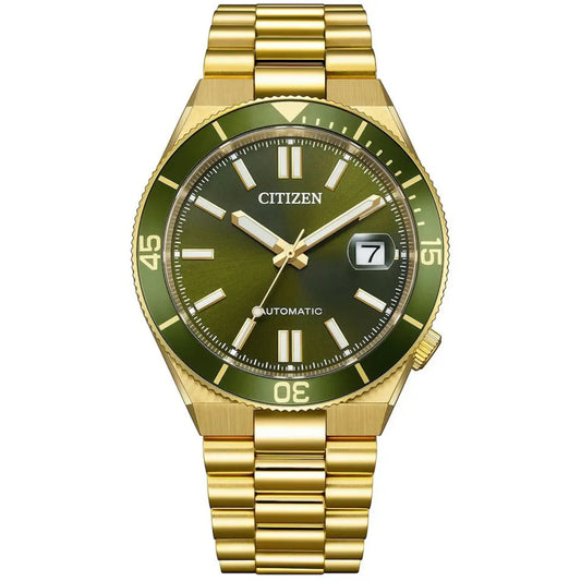 Gold watch with green face on a white background