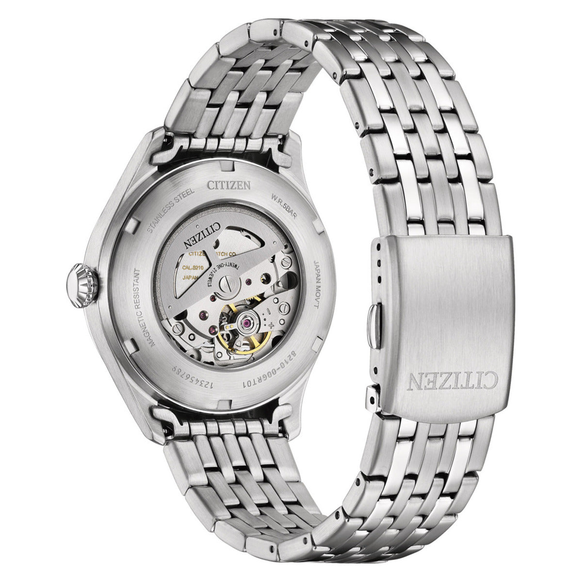 Silver watch with visible brand name on a white background