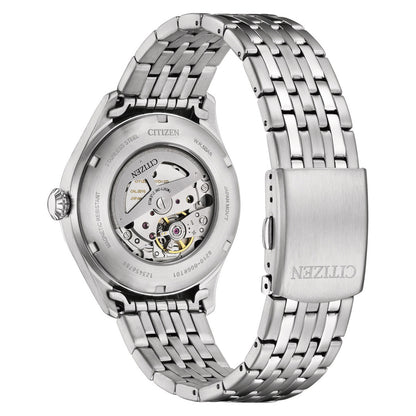 Silver watch with visible brand name on a white background