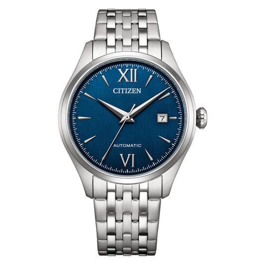 Citizen watch with blue dial and silver metal bracelet on a white background