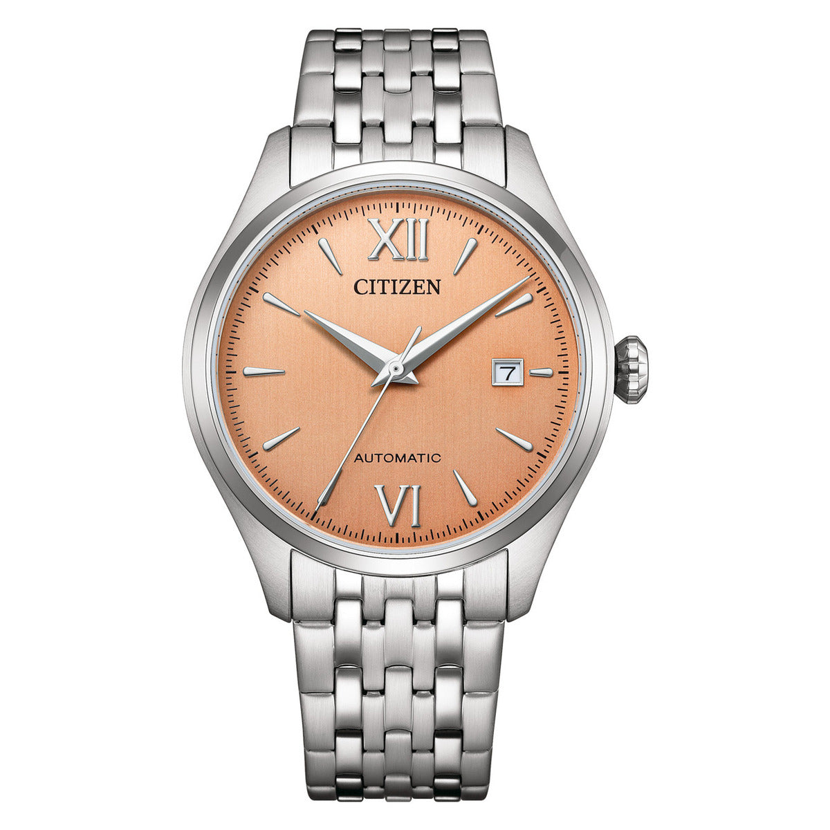Citizen watch with silver bracelet and rose gold dial on a white background