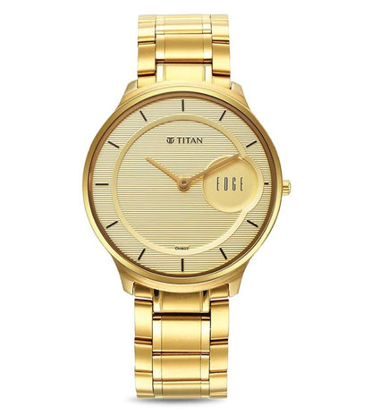 A TITAN Edge analog watch for men with a gold stainless steel bracelet and dial.