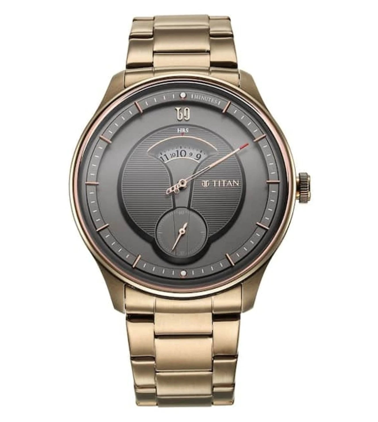 A TITAN Quartet analog watch for men with a black round dial and a gold stainless steel strap.
