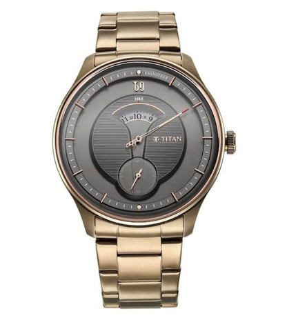 A TITAN Quartet analog watch for men with a black round dial and a gold stainless steel strap.