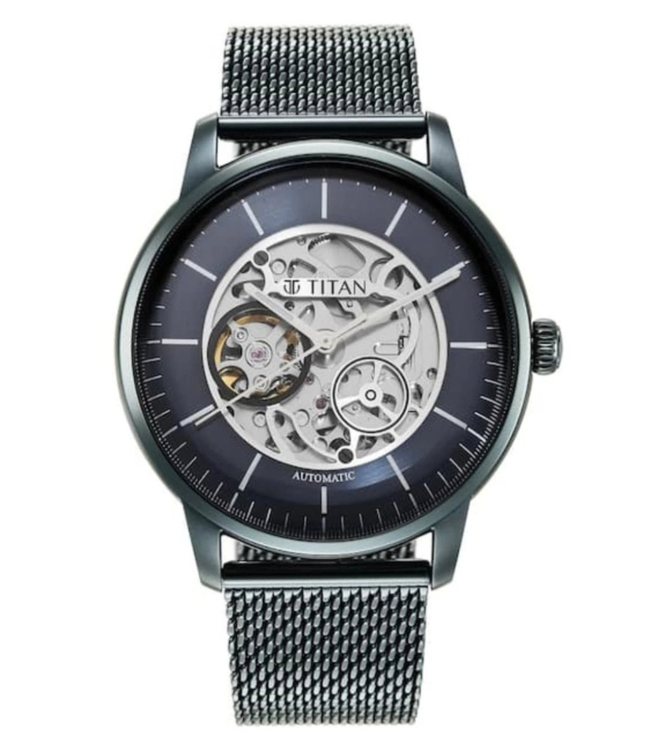 A TITAN mechanical automatic watch for men with a blue round dial and a stainless steel strap.