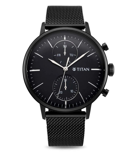 A black TITAN branded analog chronograph watch with a black stainless steel strap and a black round dial.