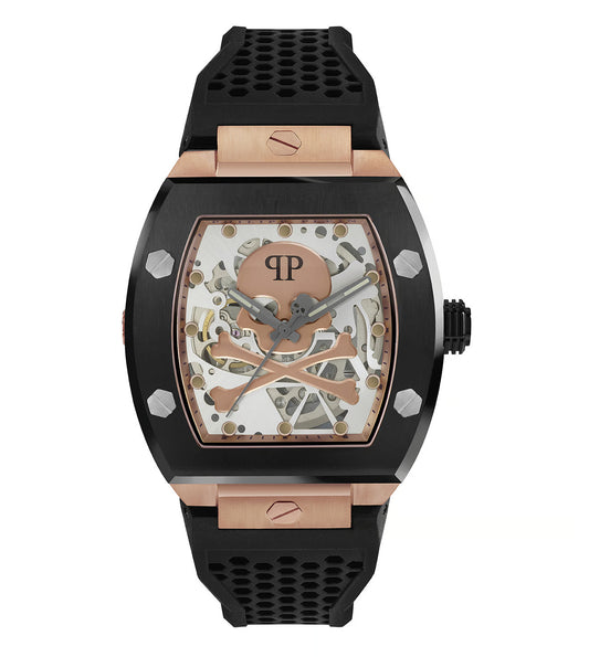 A Philipp Plein skeleton automatic analog watch with a transparent dial, black stainless steel case, and black silicone band, featuring a buckle clasp.