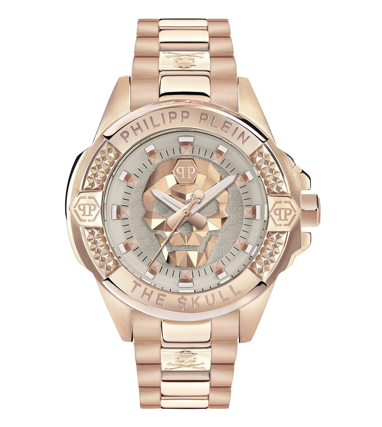 A beige analog women's watch with a skull design on the dial and a gold-tone finish on the stainless steel case. The watch has a bracelet style and a silver-tone buckle.