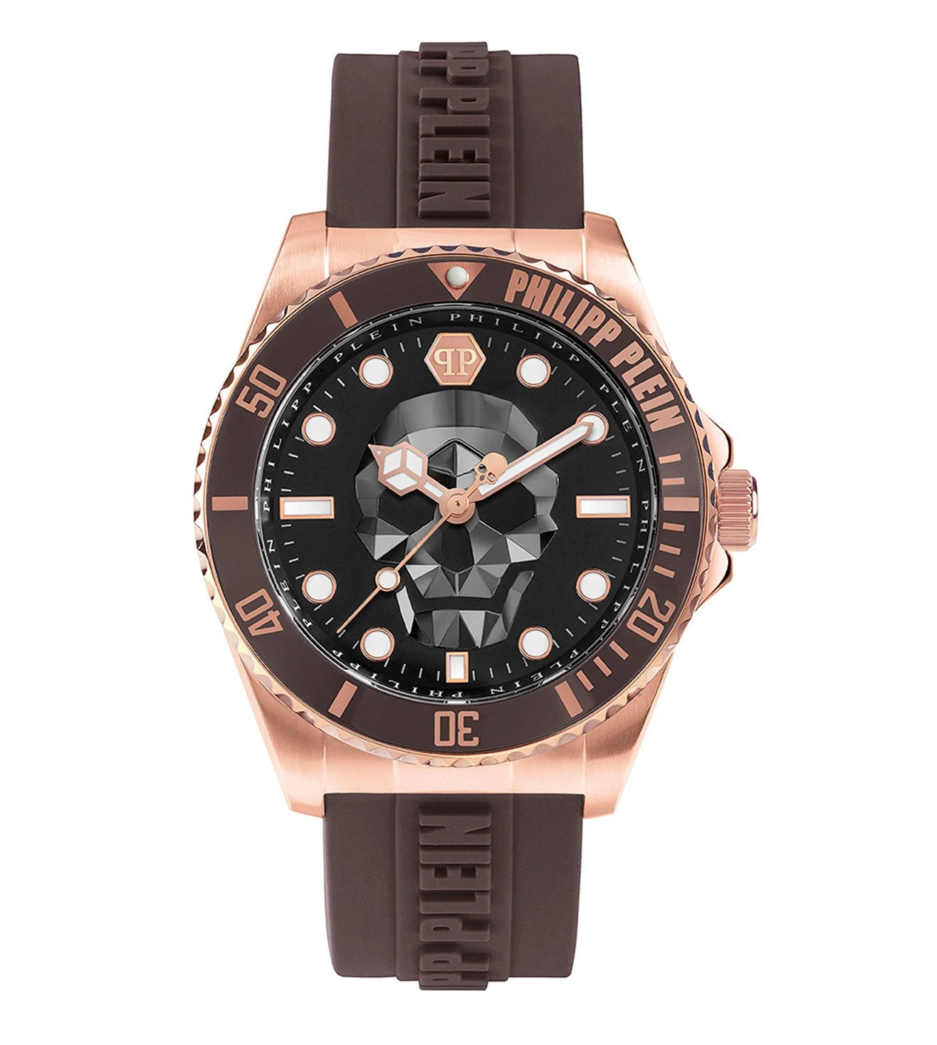 A PHILIPP PLEIN men's black analog watch with a skull motif on the dial, a brown strap, and rose gold casing.