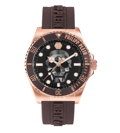 A PHILIPP PLEIN men's black analog watch with a skull motif on the dial, a brown strap, and rose gold casing.