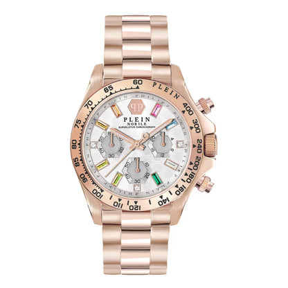 Rose gold watch with a detailed face on a white background