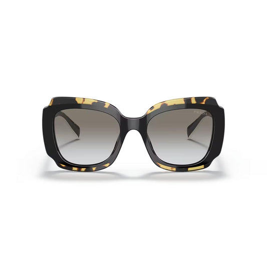 Sunglasses with black and gold frame on a white background