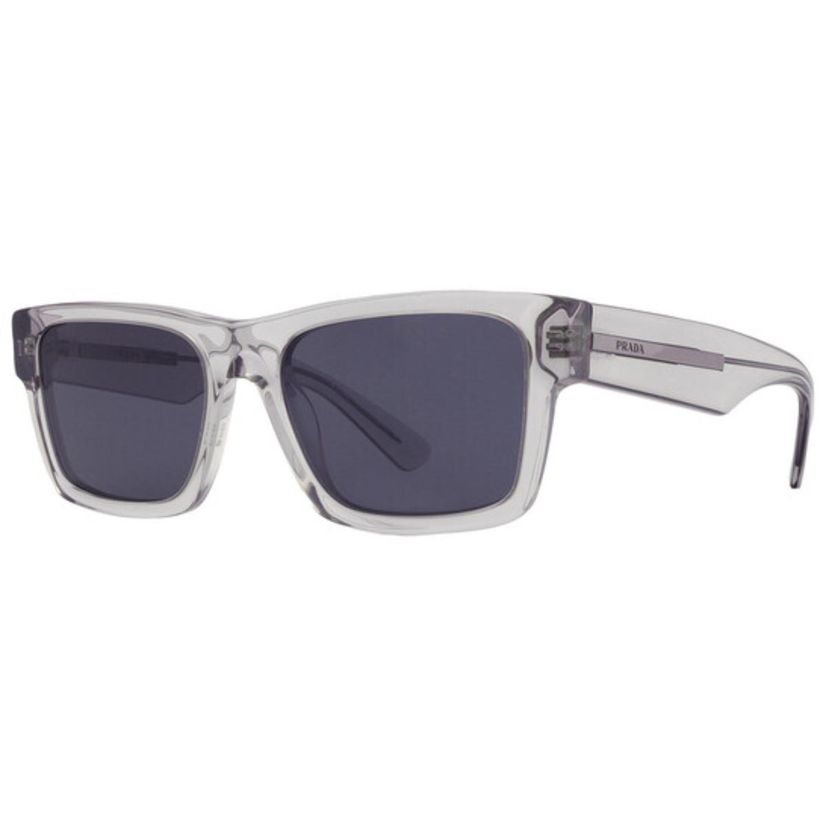 Sunglasses with blue lenses and clear frame on a white background