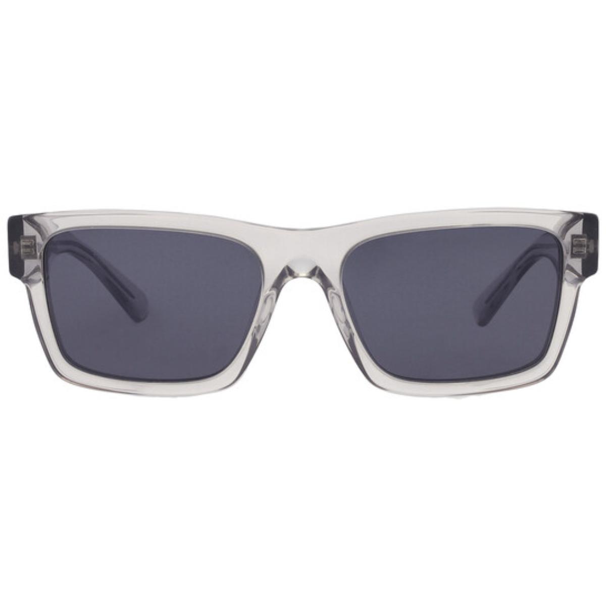 Sunglasses with clear frame and dark lenses on a white background