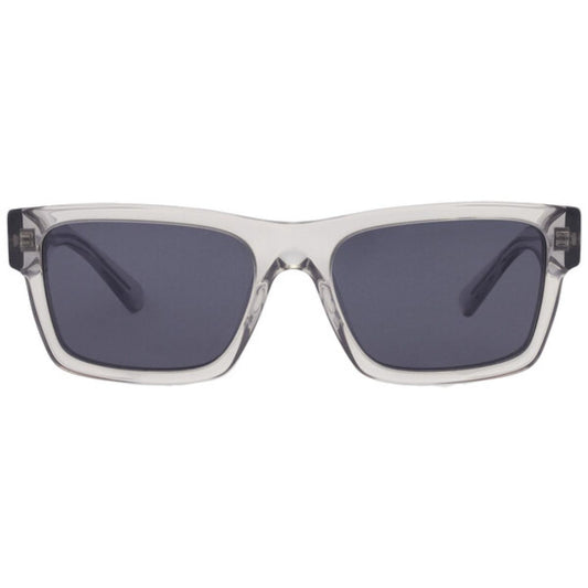 Sunglasses with clear frame and dark lenses on a white background