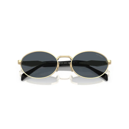 Round sunglasses with gold frame and black lenses on a white background