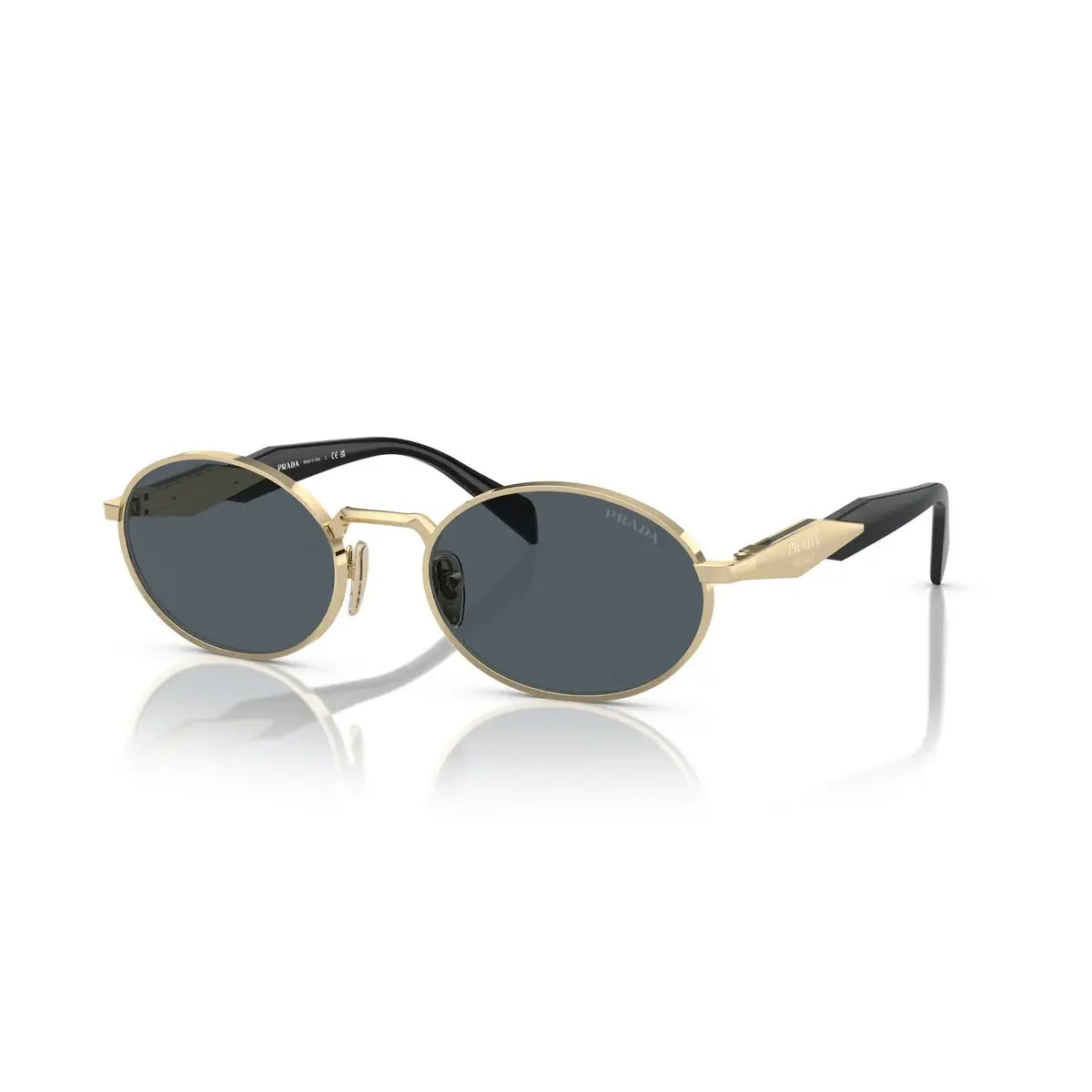 Gold sunglasses with a reflective surface on a white background