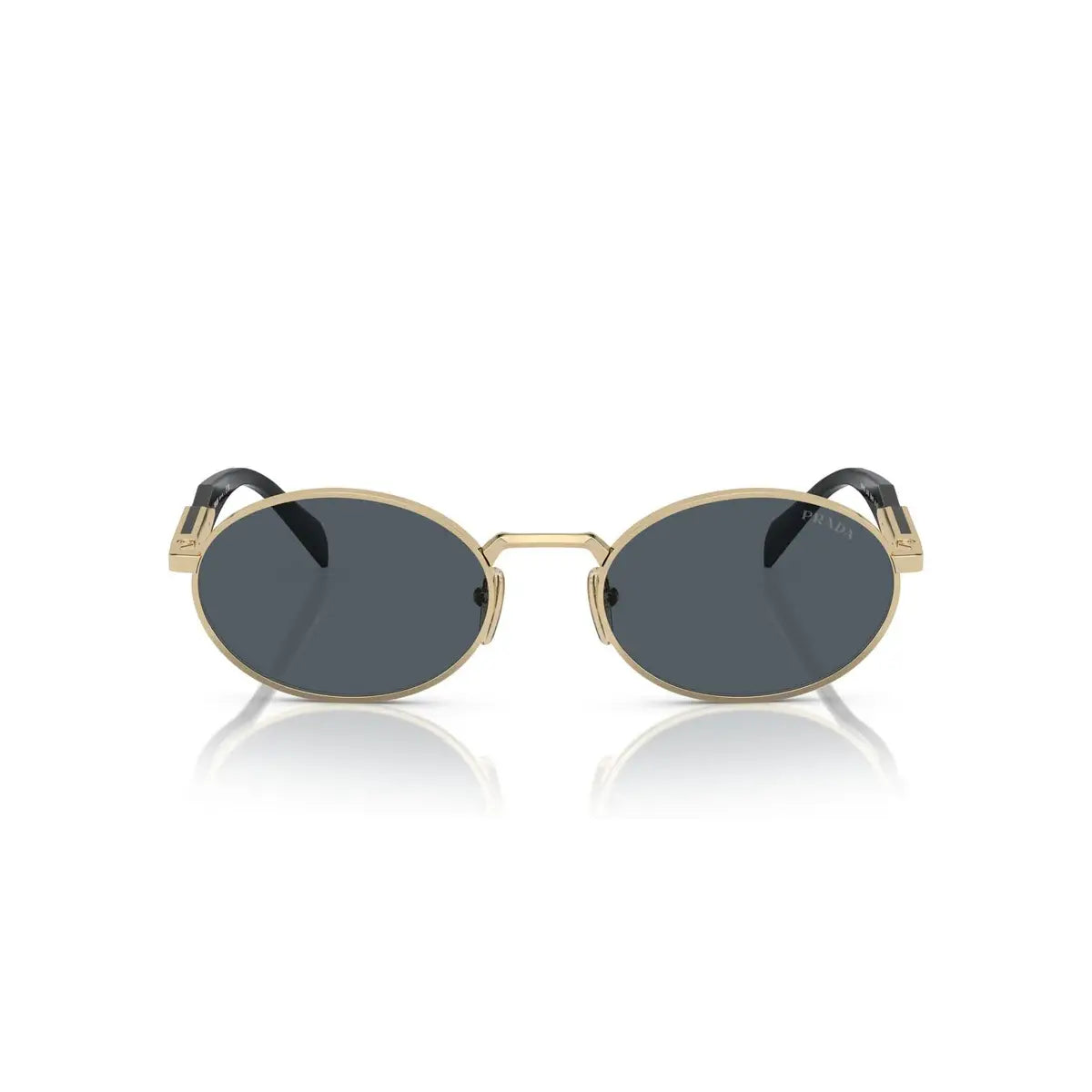Sunglasses with gold frame and dark lenses on a white background