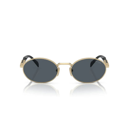 Sunglasses with gold frame and dark lenses on a white background
