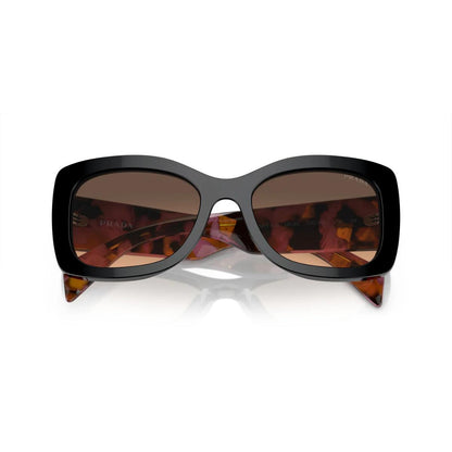 Sunglasses with a black frame and brown lenses on a white background