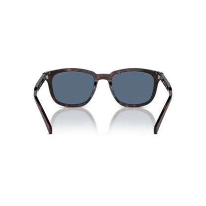 Sunglasses with tortoiseshell frame and dark lenses on a white background