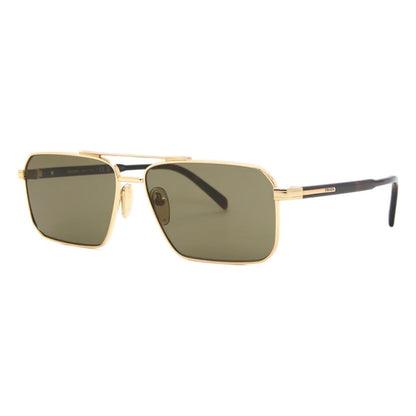 Gold-framed sunglasses with green lenses on a white background
