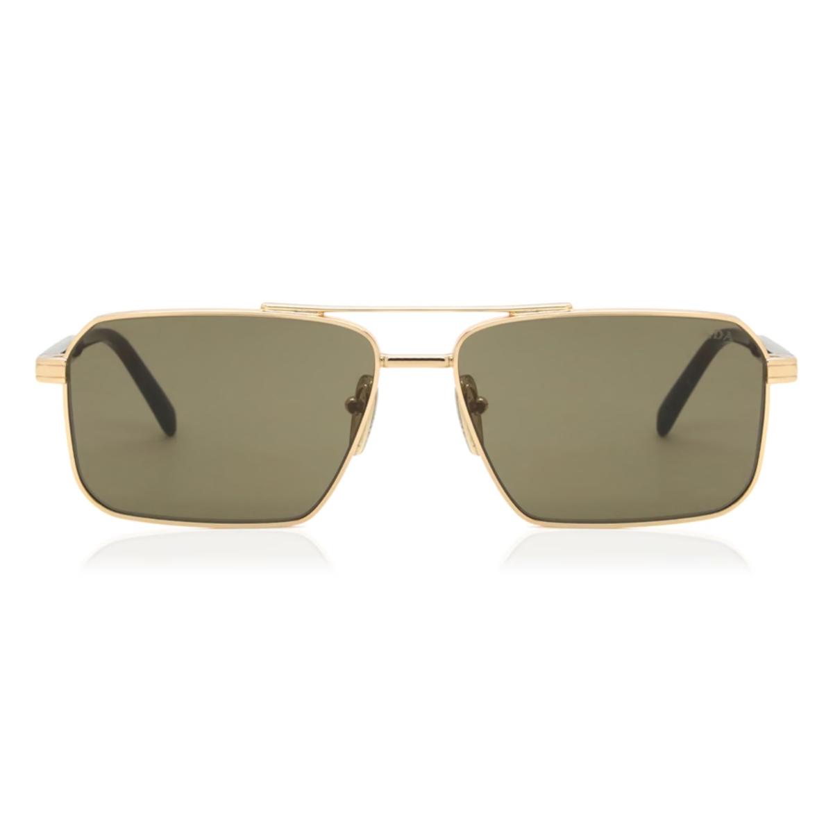 Gold-framed sunglasses with green lenses on a white background
