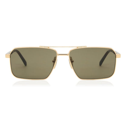 Gold-framed sunglasses with green lenses on a white background