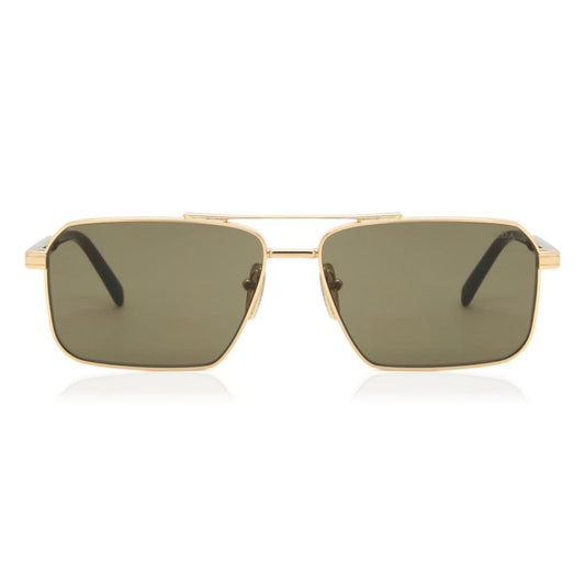 Gold-framed sunglasses with green lenses on a white background