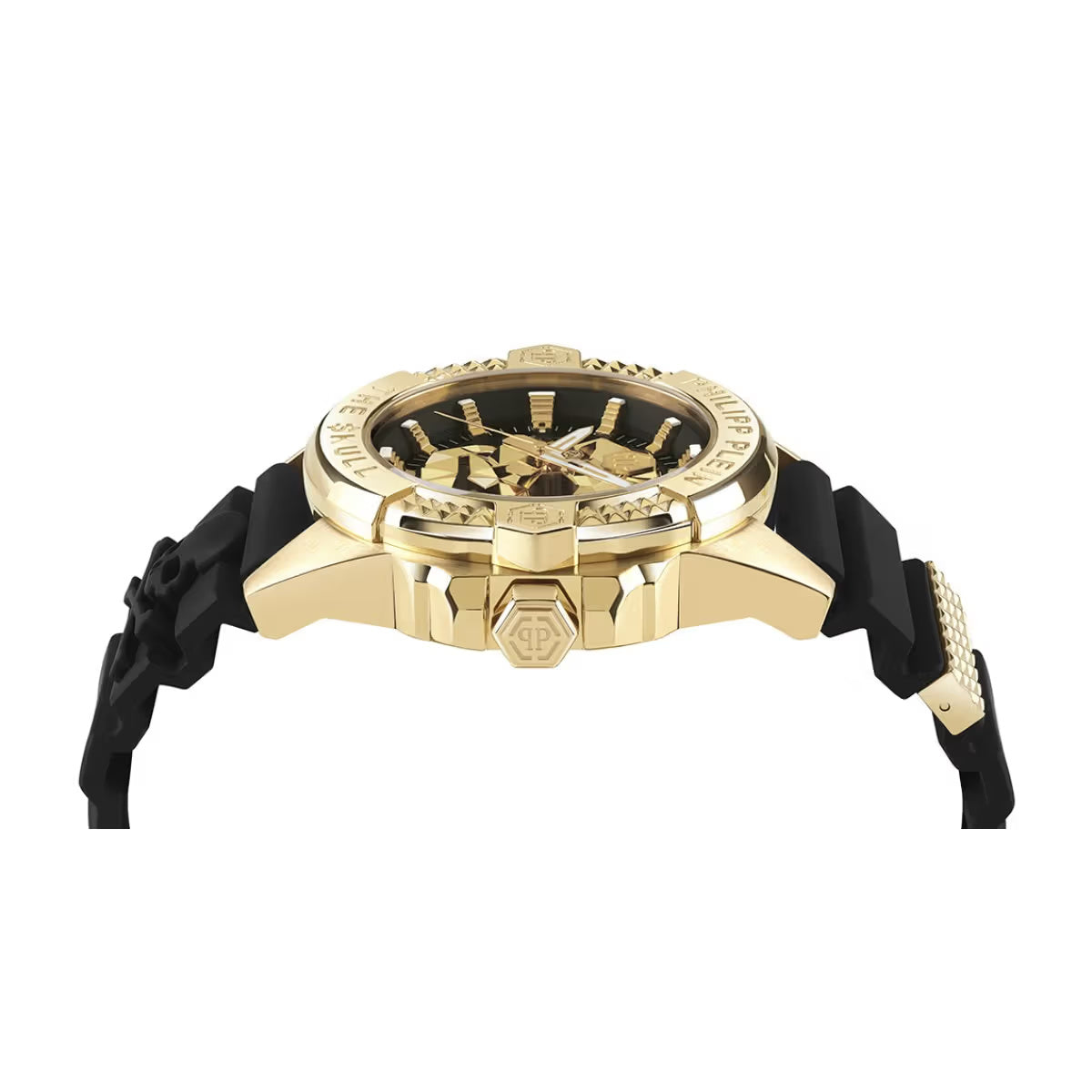 Gold watch with black strap on a white background