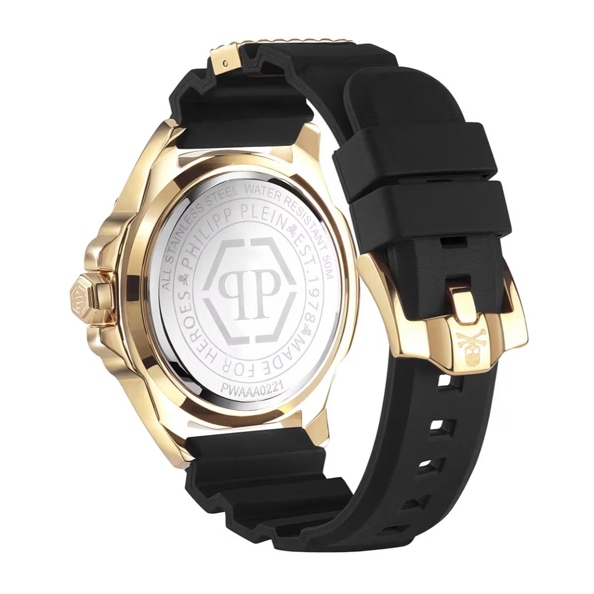 Gold watch with black rubber strap on a white background