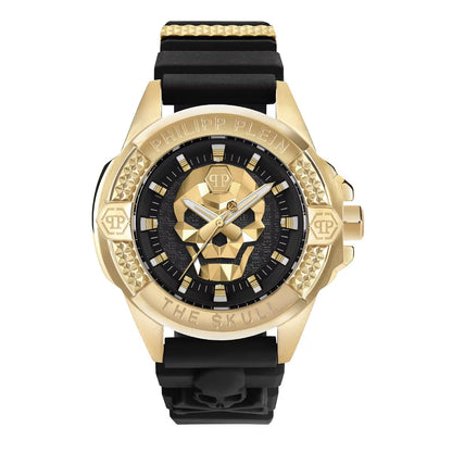 Gold and black watch with skull design on a white background