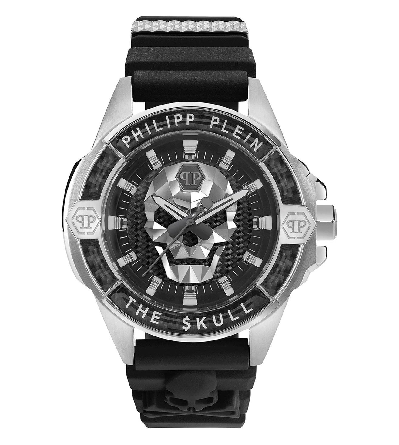 A Philipp Plein men's black analog watch with a distinctive skull design on the dial, a black stainless steel case, and a black silicone strap.