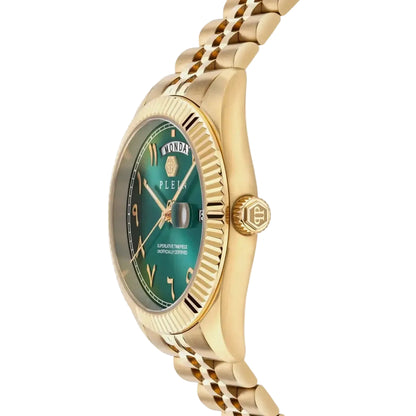 Gold watch with a green face on a light gray background