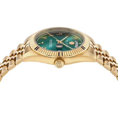A gold-tone Rolex watch with a green dial and matching green accents, featuring a fluted bezel and integrated bracelet, shown against a light gray background.