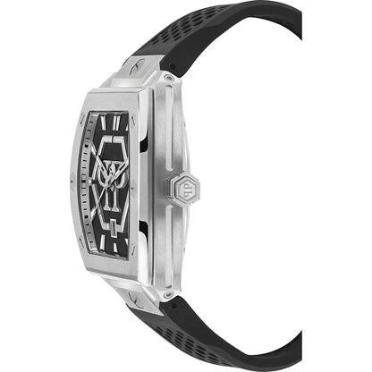 Close-up of a wristwatch with a black strap and silver case on a white background.