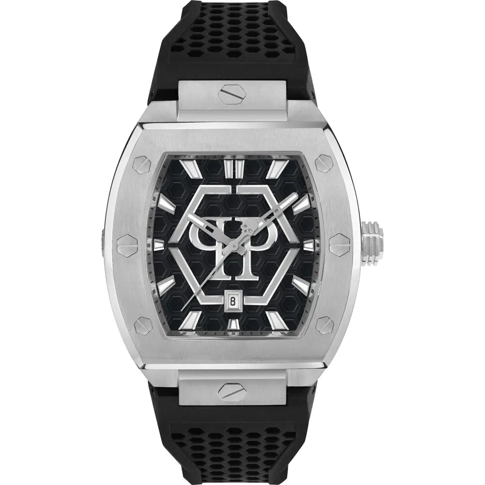 Philipp Plein men's watch with a black tonneau dial and a black rubber strap, featuring a silver stainless steel case and a Miyota movement.