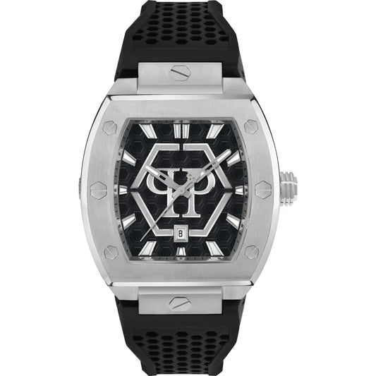 Philipp Plein men's watch with a black tonneau dial and a black rubber strap, featuring a silver stainless steel case and a Miyota movement.