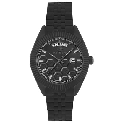 Black watch with a detailed face on a white background