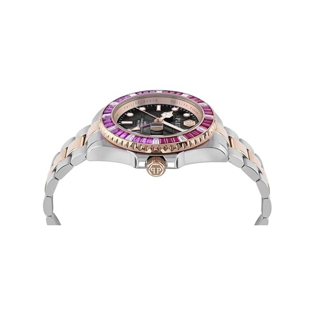 Luxury watch with a rose gold and silver band on a white background