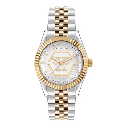 Two-tone watch with gold and silver band on a white background
