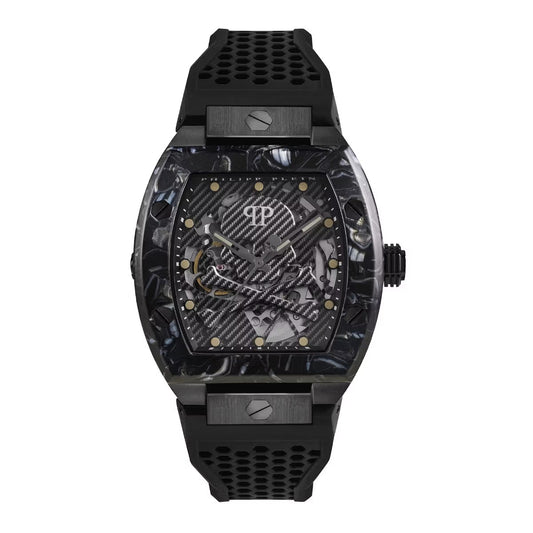 Black skeleton watch with detailed design on a white background