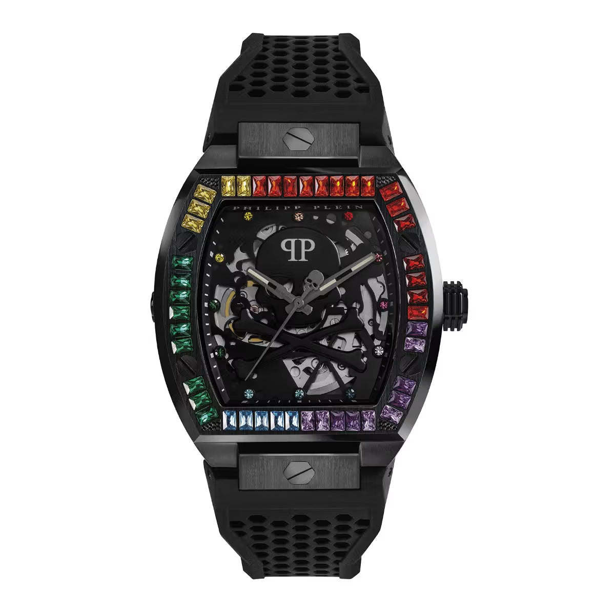 Luxury watch with black strap and colorful gemstones on a white background