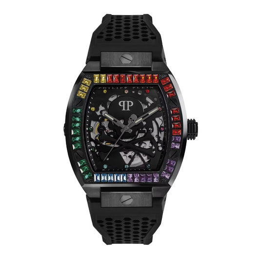 Luxury watch with black strap and colorful gemstones on a white background