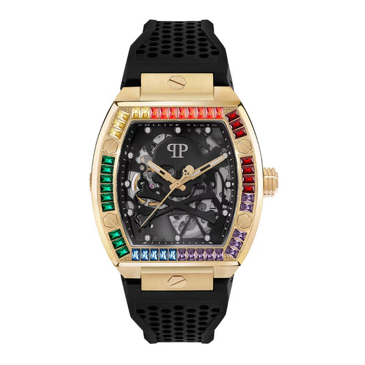 Luxury watch with black strap, gold case, and colorful gemstones on a white background
